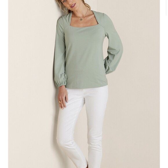 NWT Soft Surroundings Maureen Sage Sprout Green Square Neck Top Women's plus 1X - Picture 2 of 11